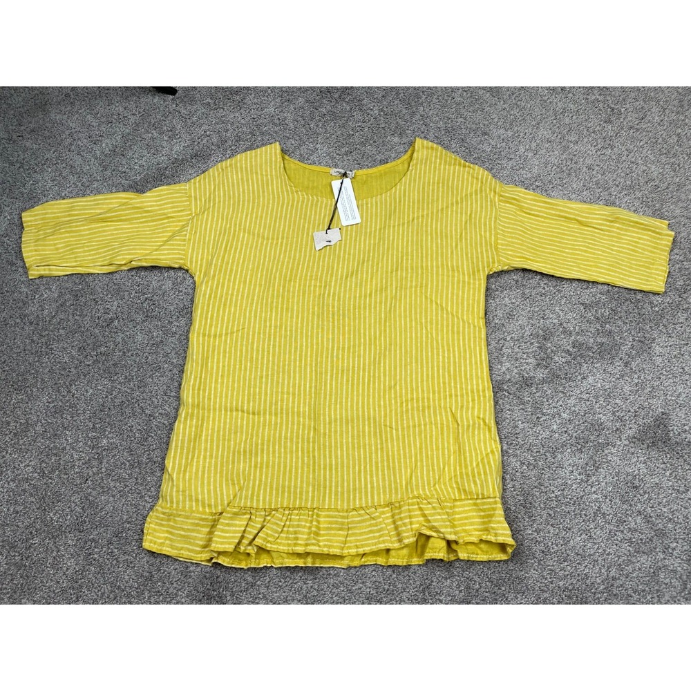 Lungo L'Arno Shirt Womens Large Yellow Linen Ruffle Lagenlook Beach Preppy NEW